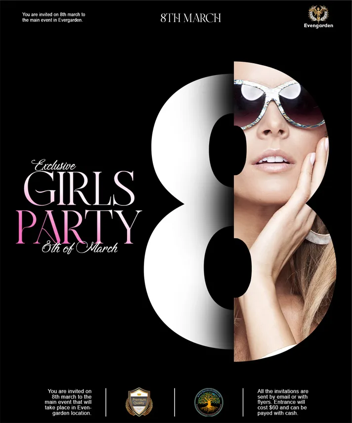 Poster digital pentru eveniment Exclusive Girls Party de 8 Martie cu decupaj foto și design elegant.