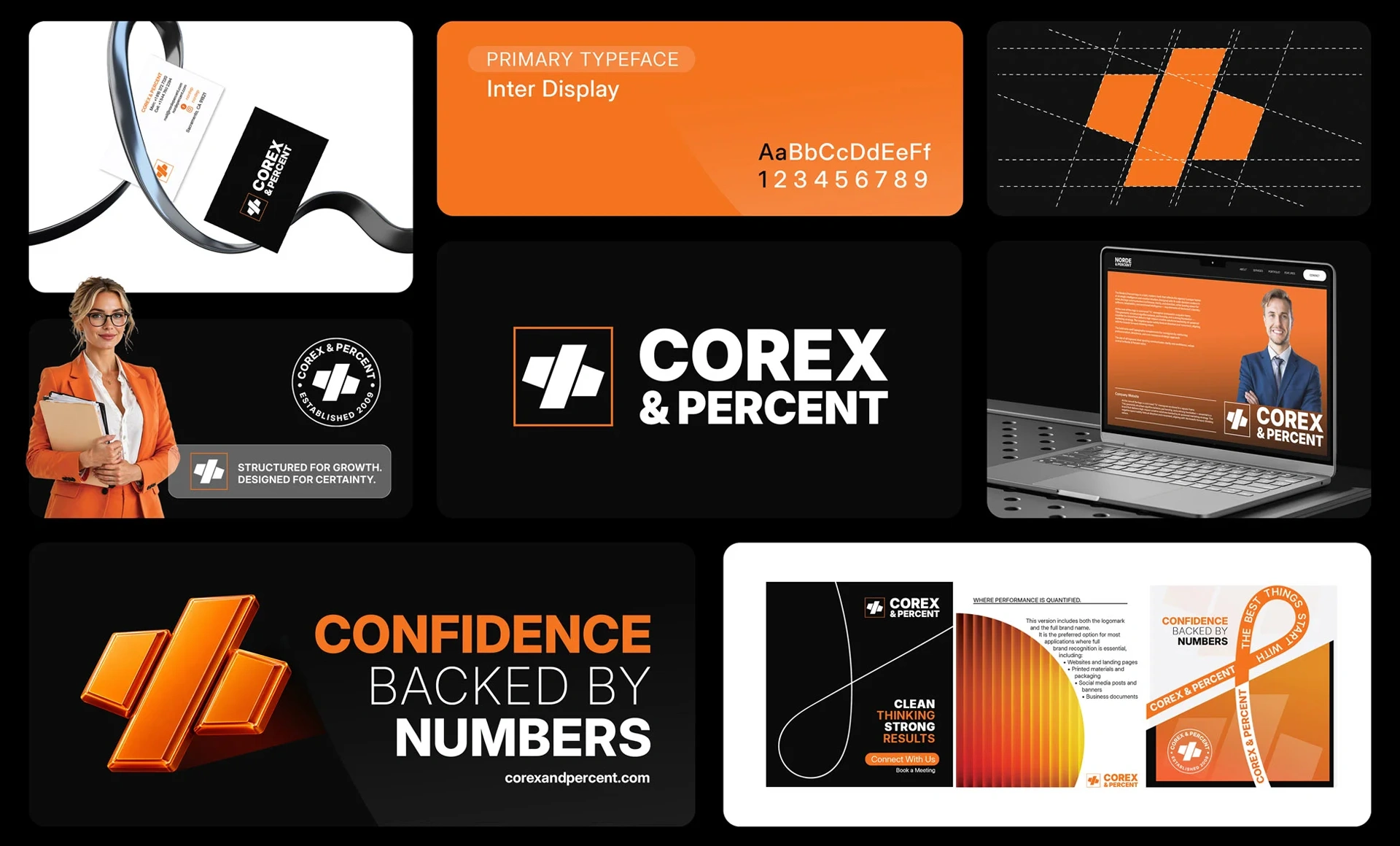 Moodboard de portofoliu cu elementele de identitate vizuală și branding pentru Corex and Percent.