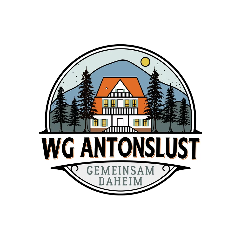 Logo WG Antonslust cu ilustrație cabană la munte, brazi și textul Gemeinsam Daheim.