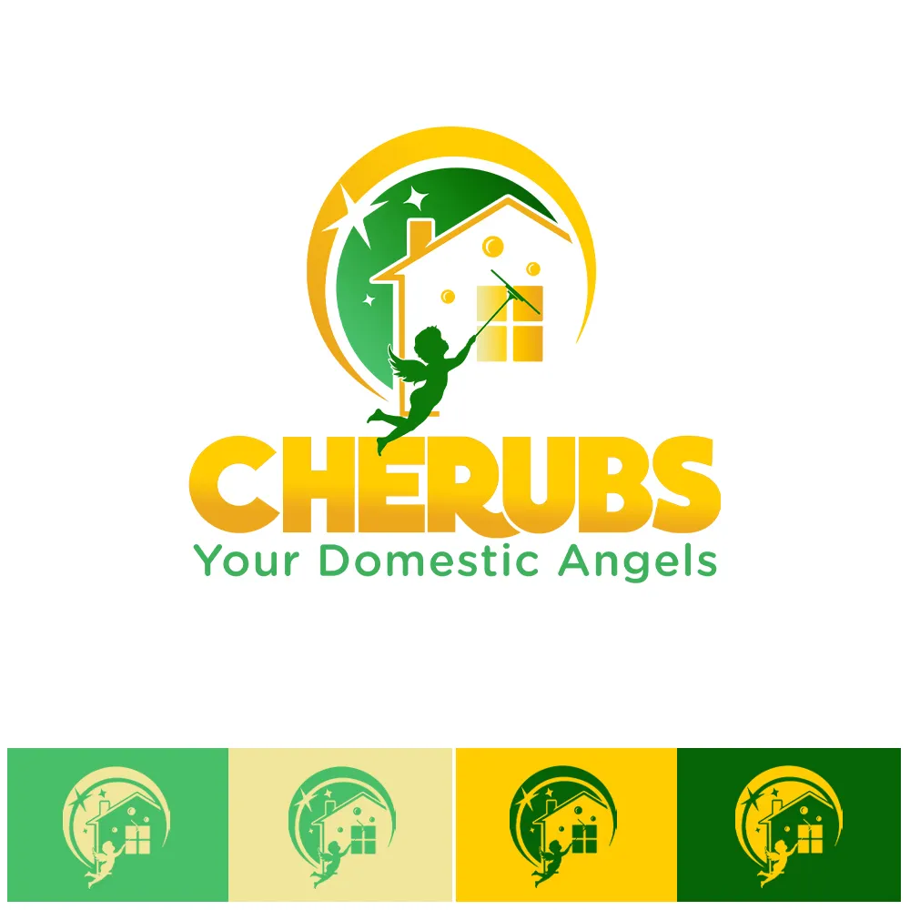 Logo Cherubs Your Domestic Angels cu mascotă îngeraș și casă curată.