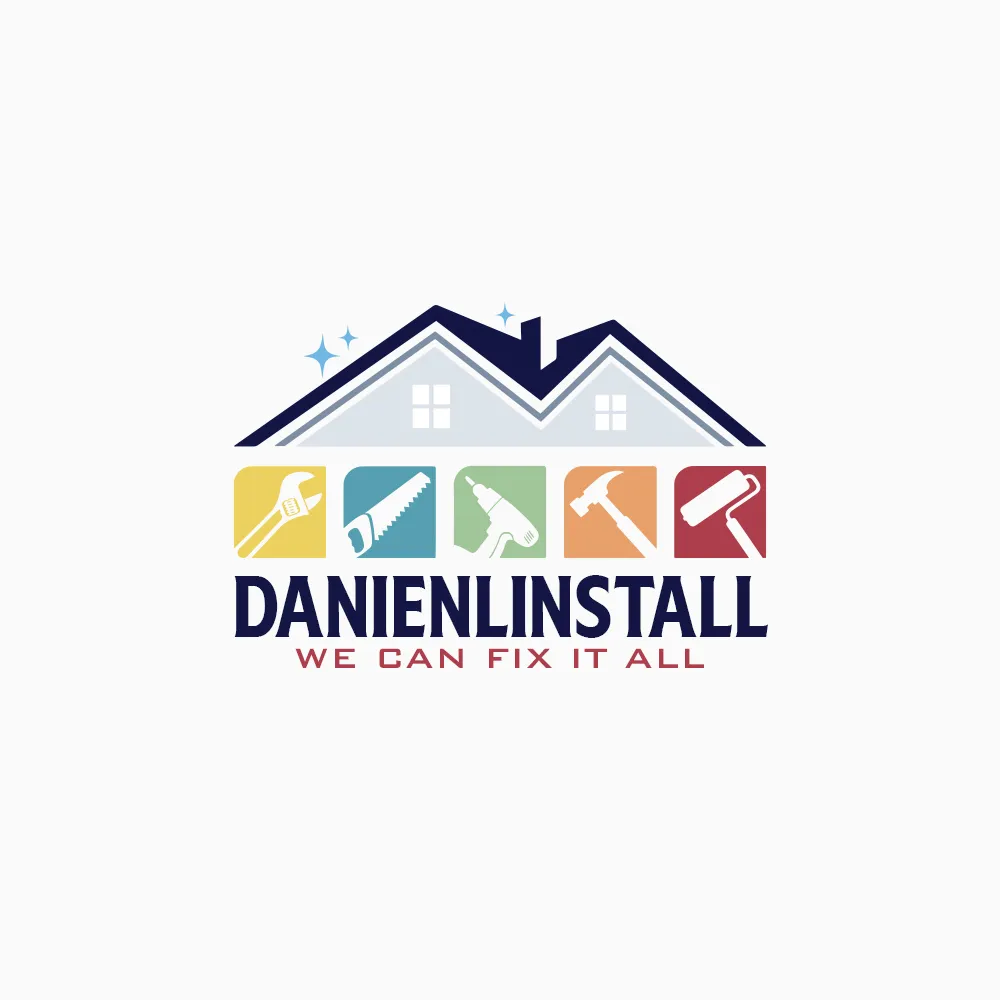 Danienlinstall handyman logo with house roof and construction tools icon.