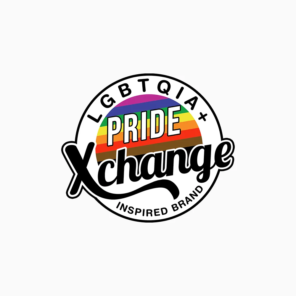 Logo Pride Xchange rotund în culorile curcubeului pentru brandul LGBTQIA+.