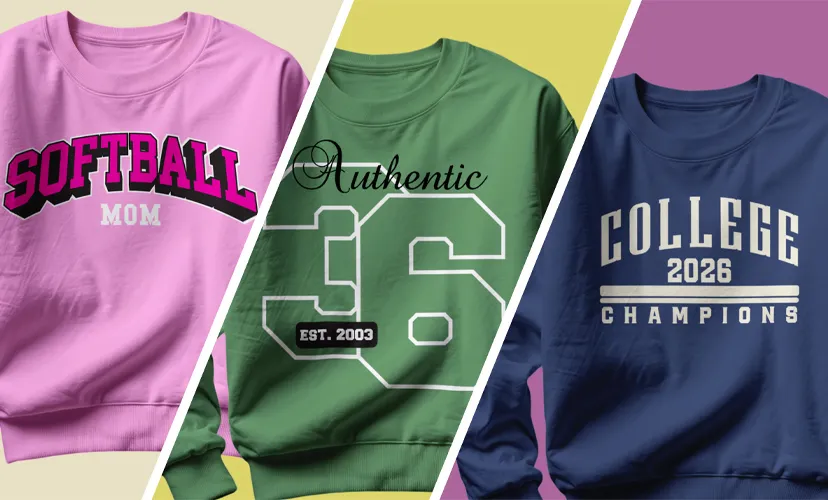 Trei bluze sweatshirt sport stil universitar pe culorile roz, verde și albastru marin.