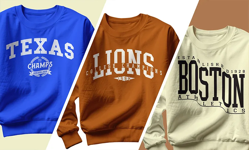 Trei bluze sweatshirt în stil universitar american pe culorile albastru, maro și crem.