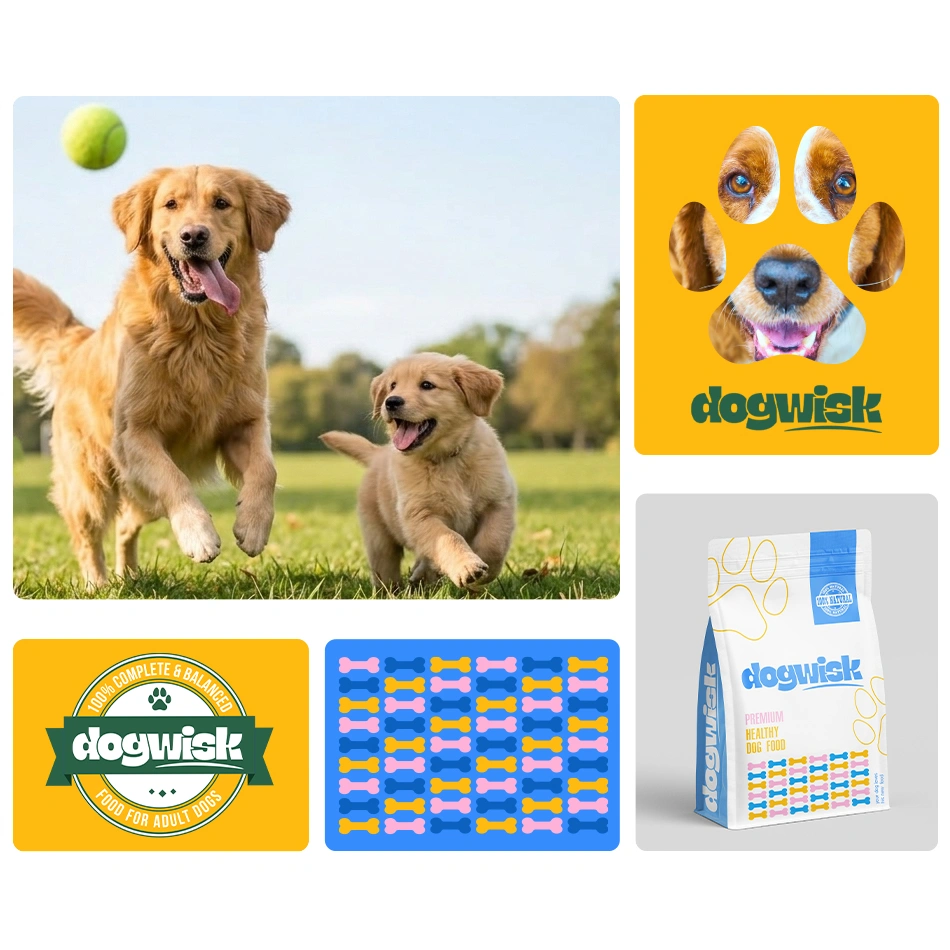 Elemente de identitate vizuală și sac de mâncare pentru câini cu ilustrație Golden Retriever. Exemplu de design de ambalaj modern pentru branduri premium