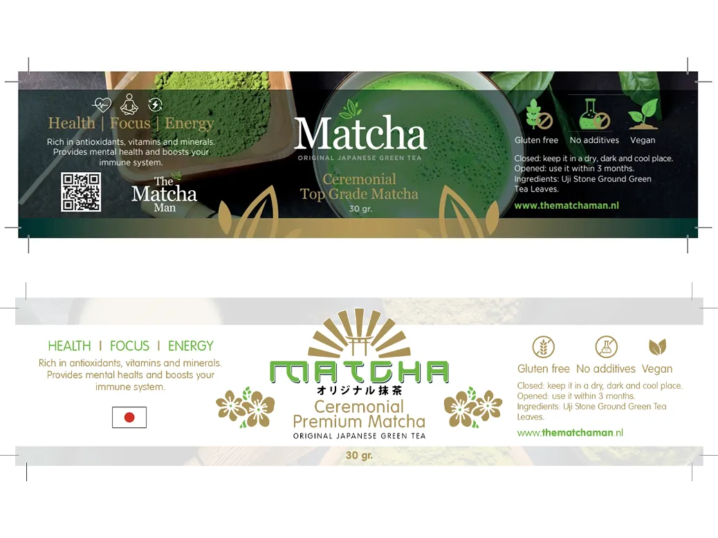 Etichetă orizontală pentru ambalaj ceai verde Matcha cu detalii grafice minimaliste.
