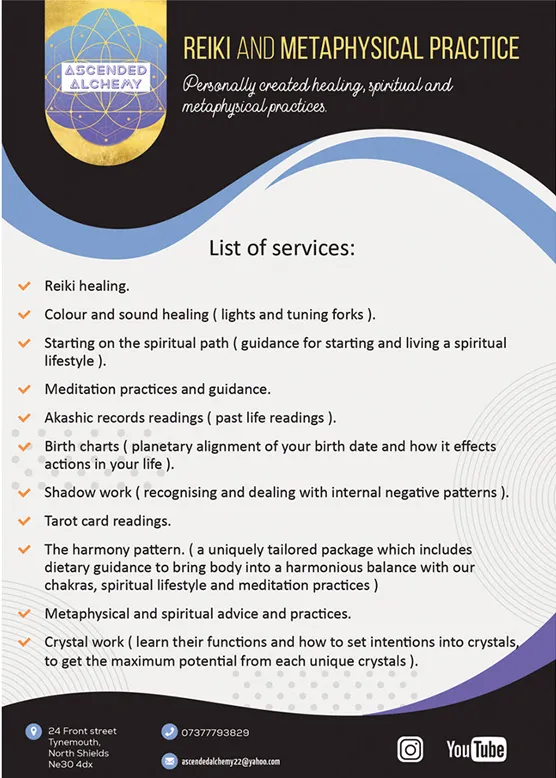 Pliant de prezentare servicii Reiki and Metaphysical Practice cu listă de terapii holistice.