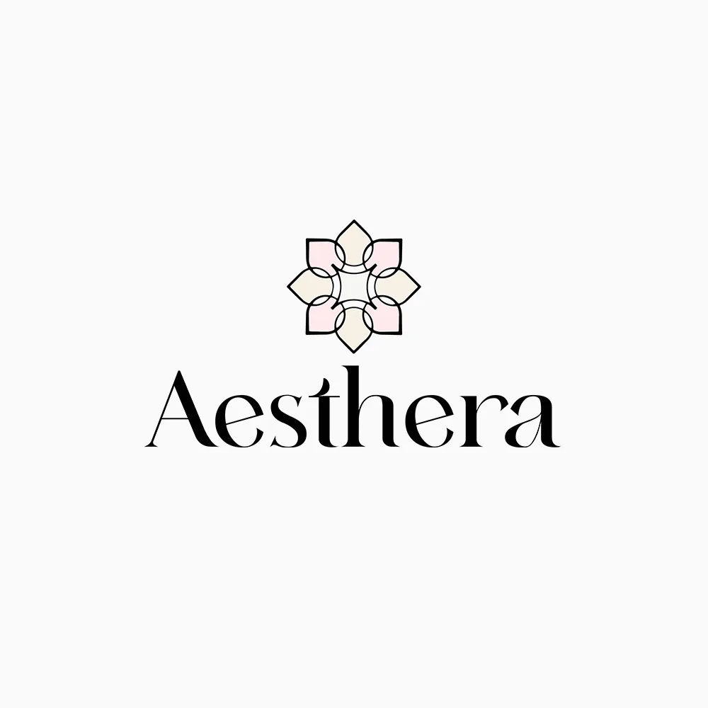 Logo Aesthera clinică de estetică, salon de înfrumusețare sau brand de skincare cu emblemă florală.