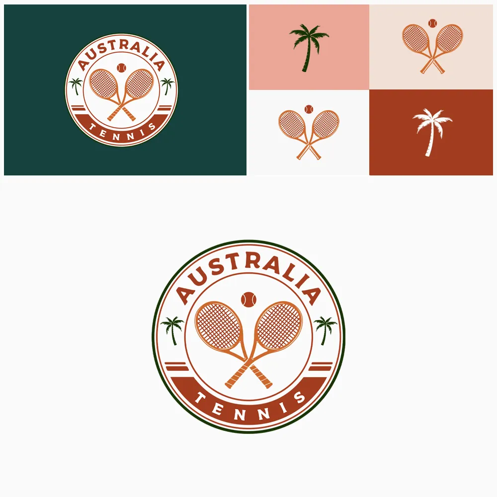 Logo Australia Tennis cu rachete încrucișate, minge și palmieri în stil retro.