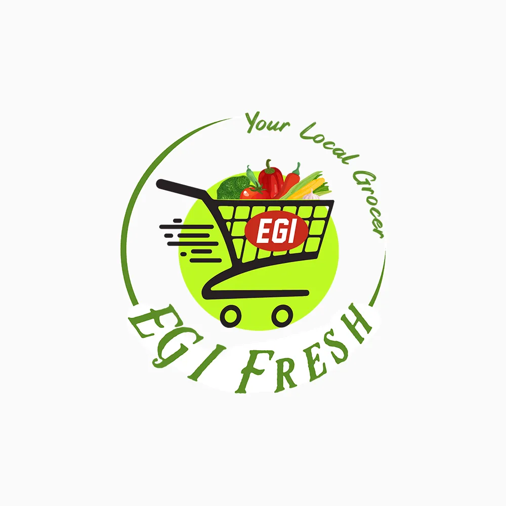 Logo EGI Fresh Your Local Grocer cu cărucior de cumpărături și legume proaspete.