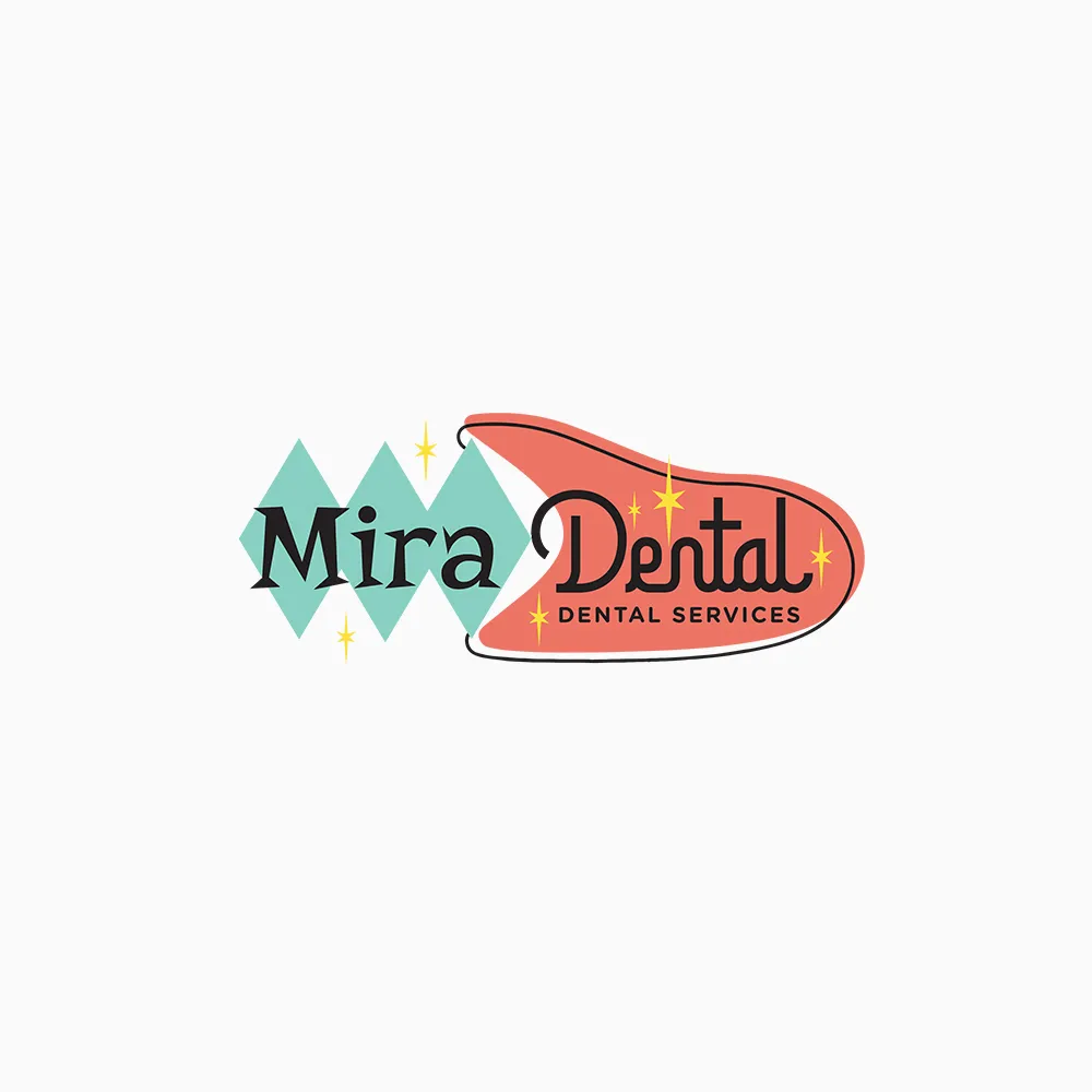 Logo cabinet stomatologic Mira Dental Services cu design retro și forme geometrice turcoaz.