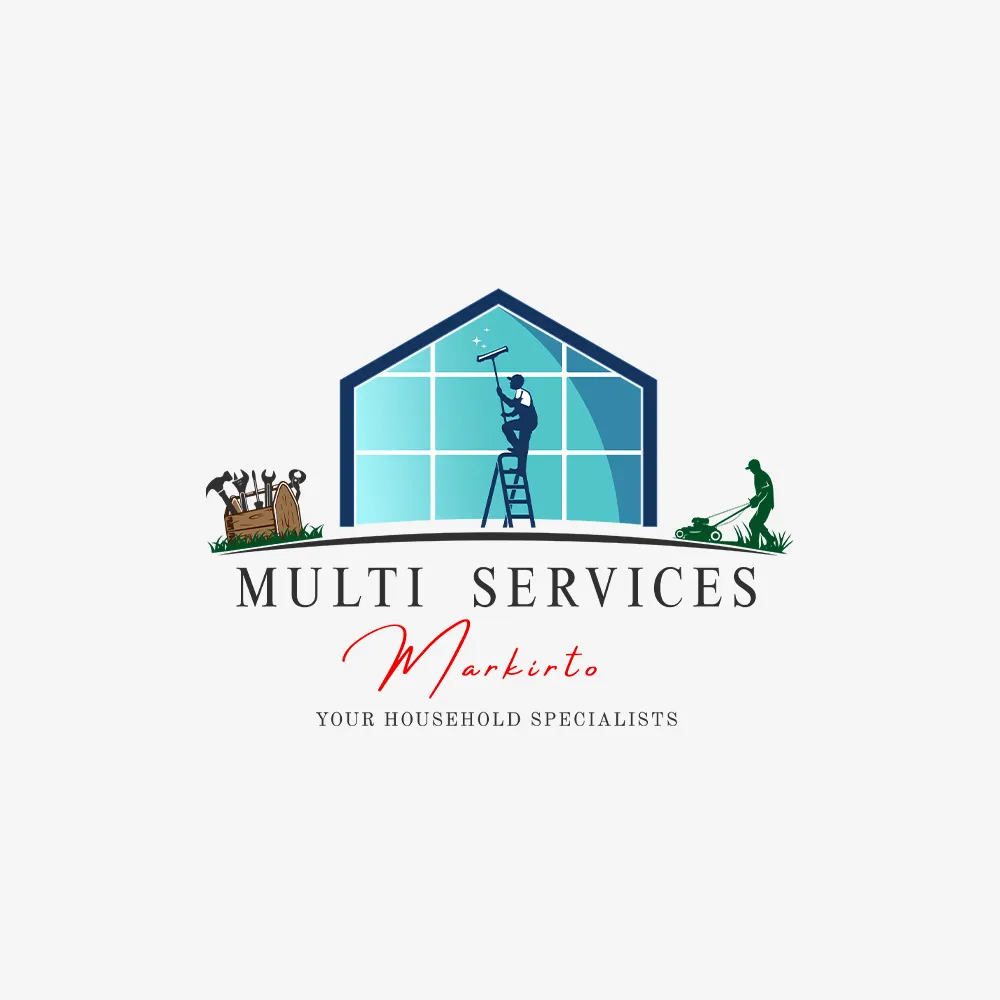 Multi Services logo with a house icon and household specialists illustration.