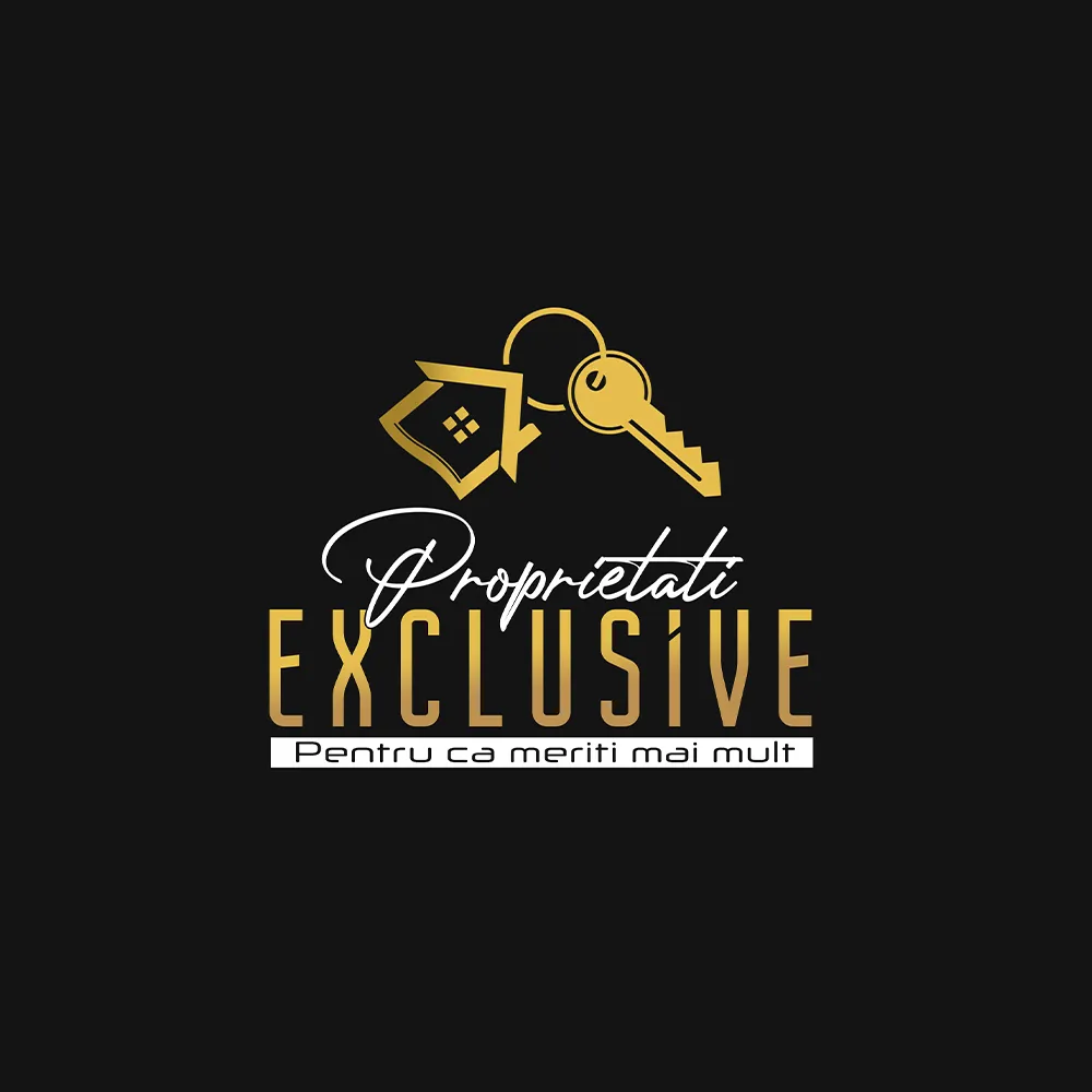 Logo agenție imobiliară Proprietăți Exclusive cu emblemă aurie casă și cheie pe fundal negru.
