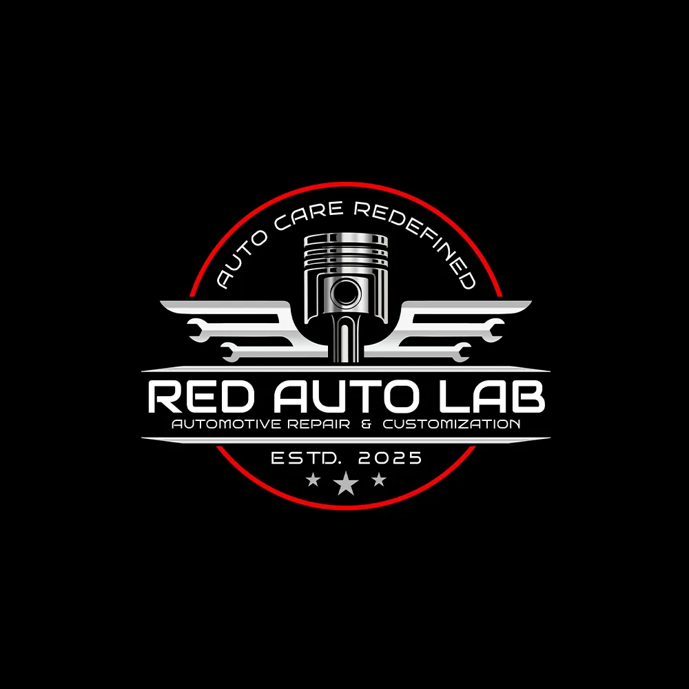 Red Auto Lab automotive repair and customization emblem logo on a black background.