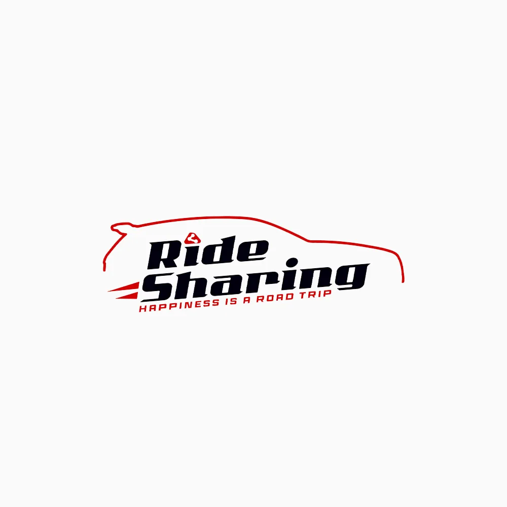 Logo Ride Sharing cu schiță roșie de mașină și text dinamic.