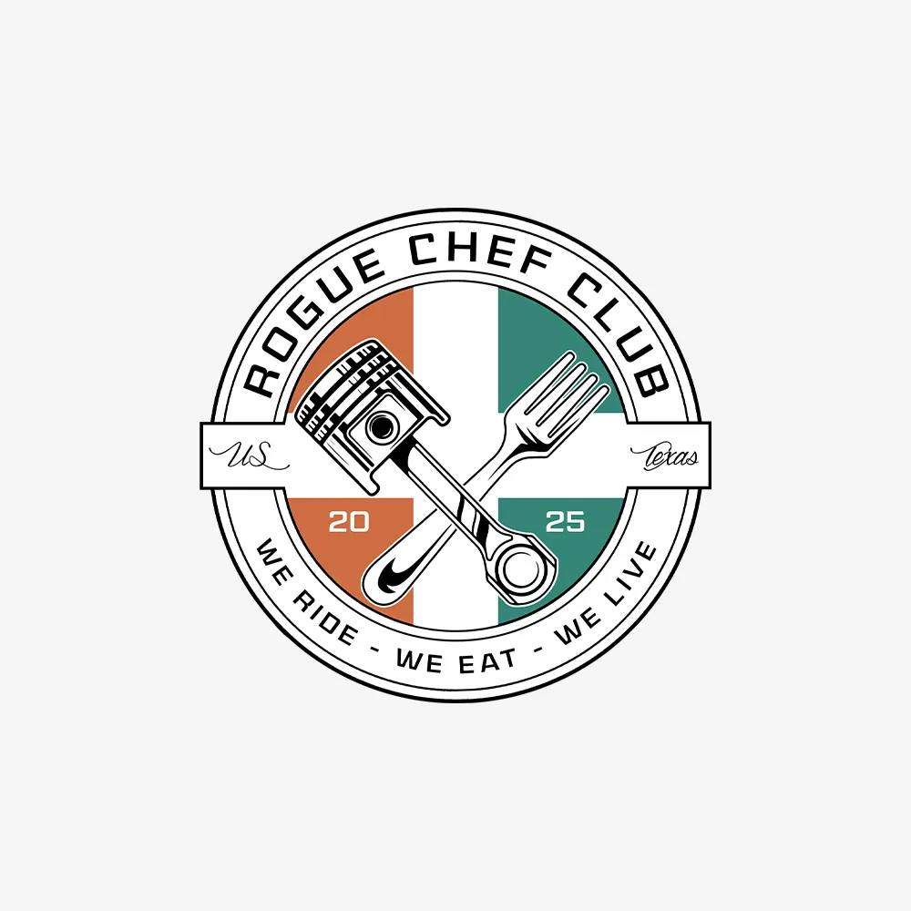 Logo Rogue Chef Club emblemă vintage cu piston auto și furculiță încrucișate.