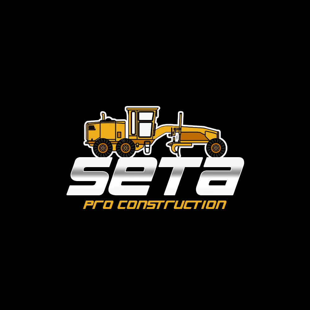 Logo Seta Pro Construction cu utilaj autogreder pe fundal negru.