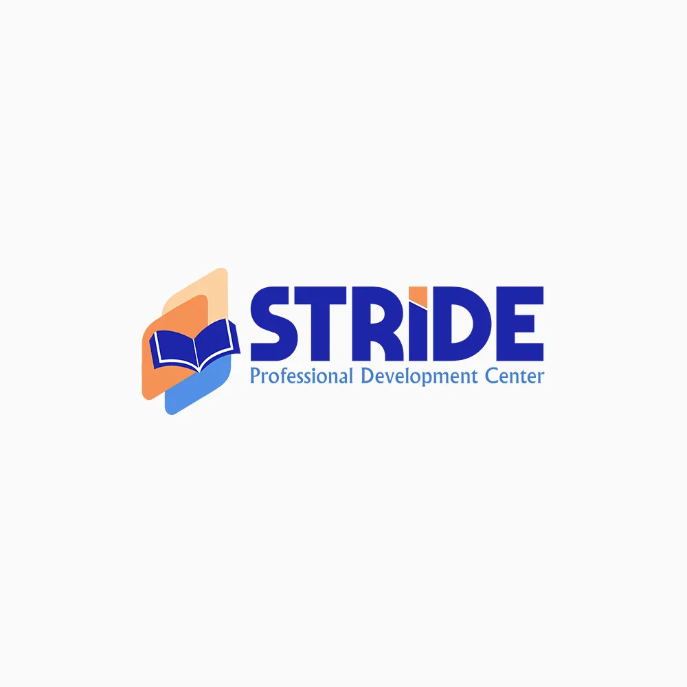 Logo STRIDE Professional Development Center cu emblemă geometrică albastră și portocalie.