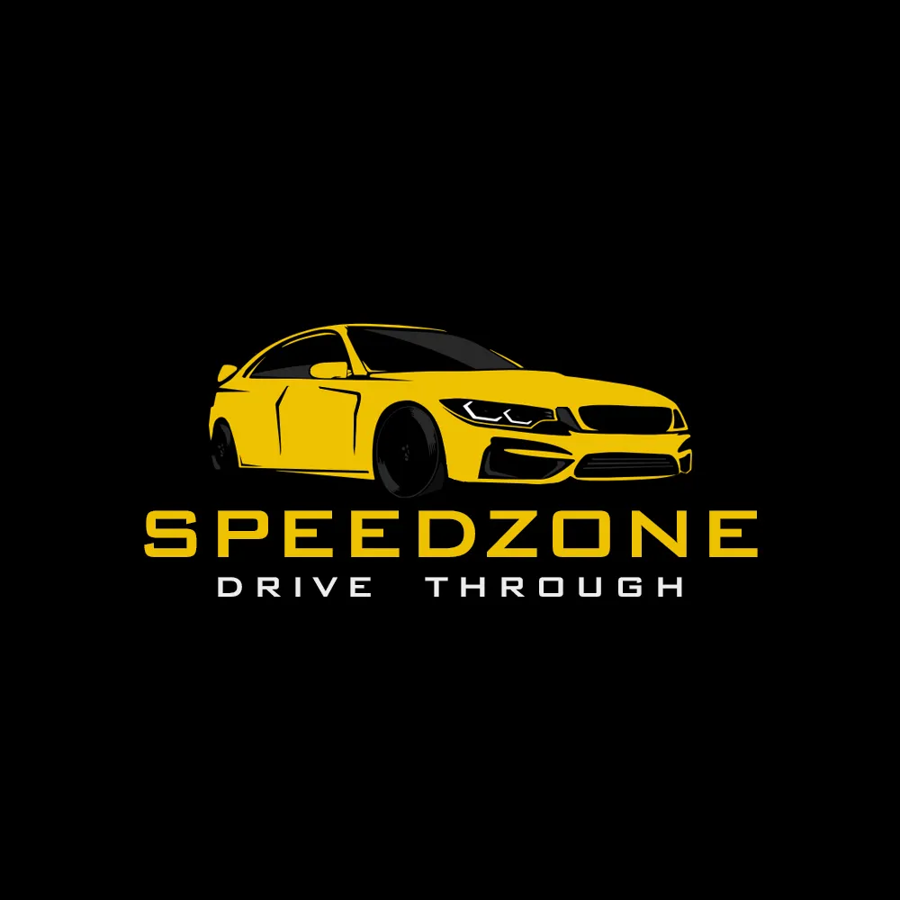 Logo Speedzone Drive Through cu mașină sport galbenă pe fundal negru.
