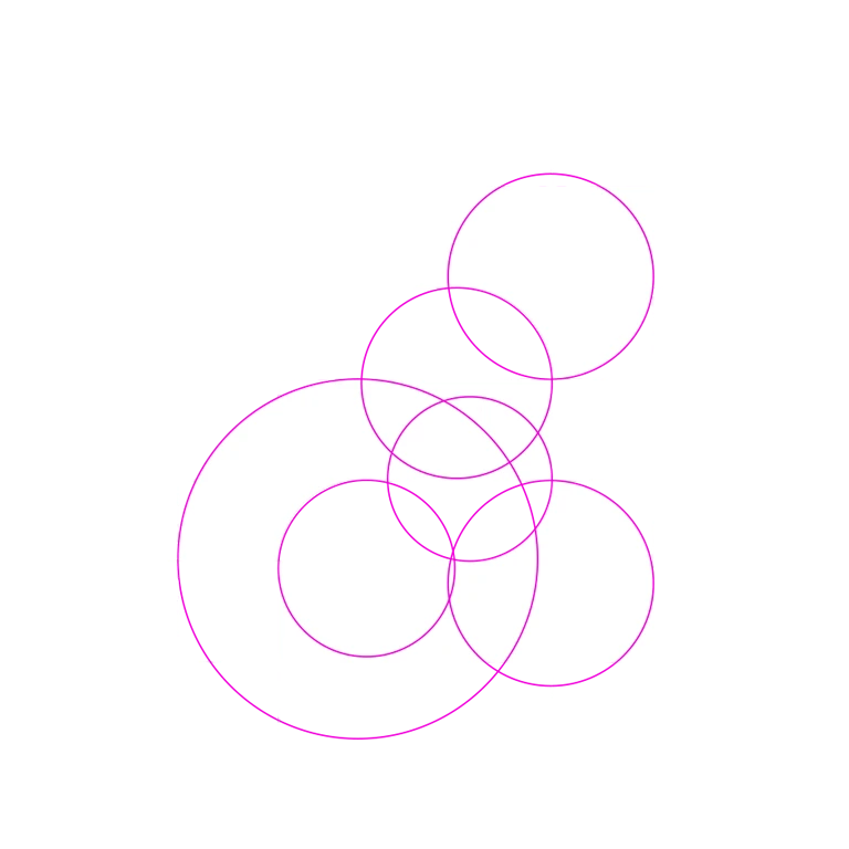 Caroiaj tehnic și cercuri de proporție pentru proiectarea unui logo geometric alb pe fundal negru.