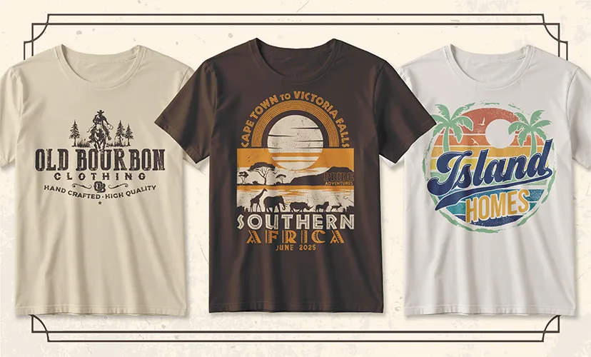 Trei tricouri cu design vintage stil western, safari în Africa de Sud și peisaj tropical cu palmieri.
