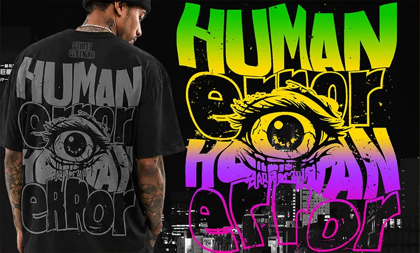 Tricou negru supradimensionat cu imprimeu grafic ochi și textul Human Error.