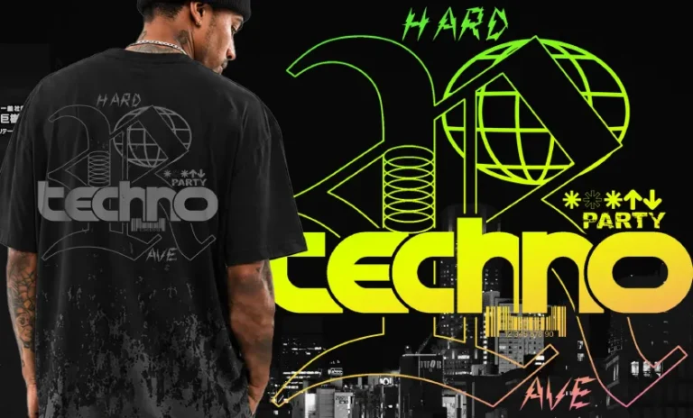 Tricou negru supradimensionat cu imprimeu grafic techno rave în stil streetwear urban. t-shirt printing methods.