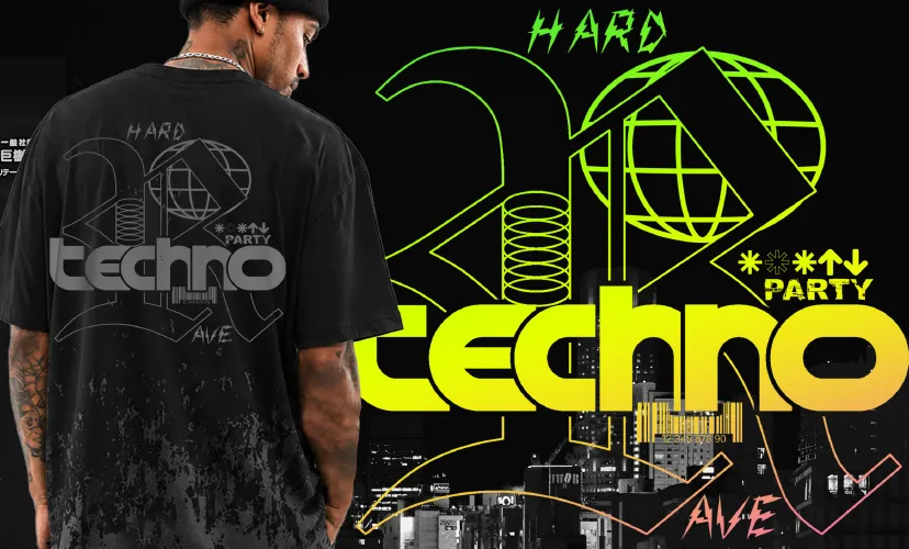 Tricou negru supradimensionat cu imprimeu grafic techno rave în stil streetwear urban.