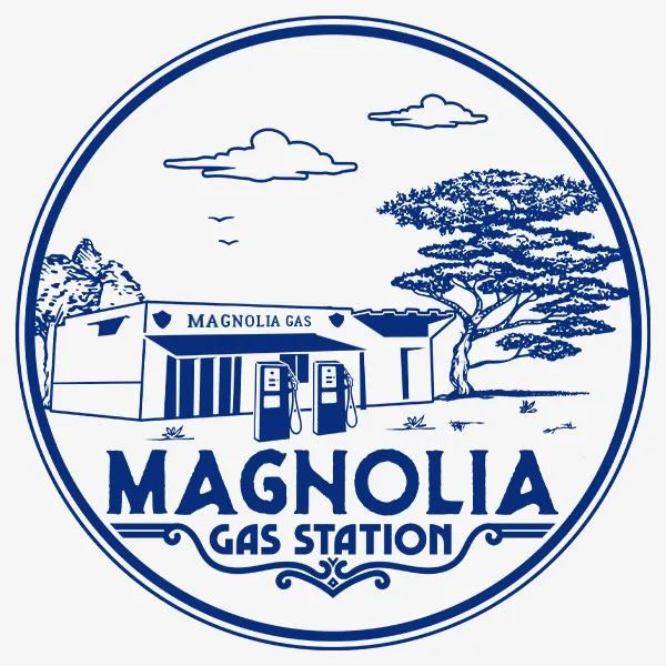 Creare emblemă circulară vintage Magnolia Gas Station realizată de FloBold.