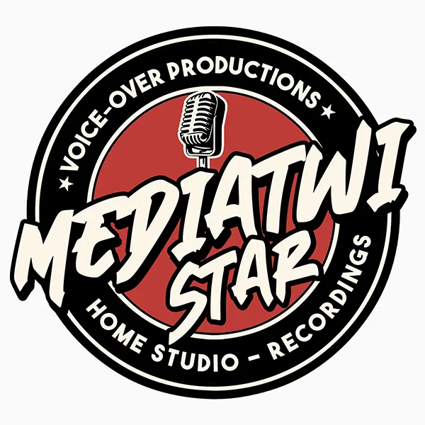 Design logo tip emblemă cu microfon Mediatwi Star Voice-Over Productions realizat de FloBold.
