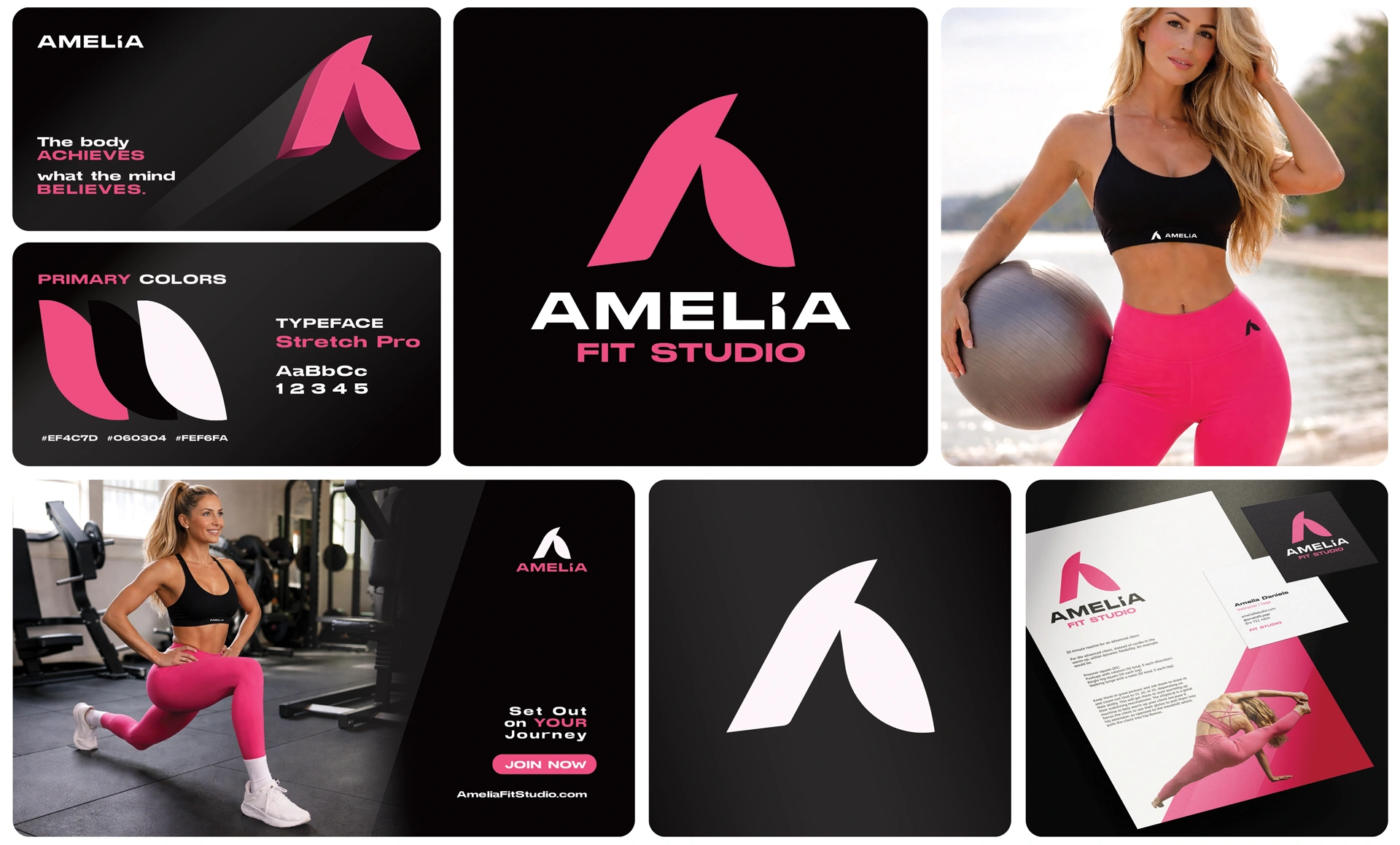 Portofoliu identitate vizuala sala de fitness si design logo Amelia Fit Studio realizat de FloBold