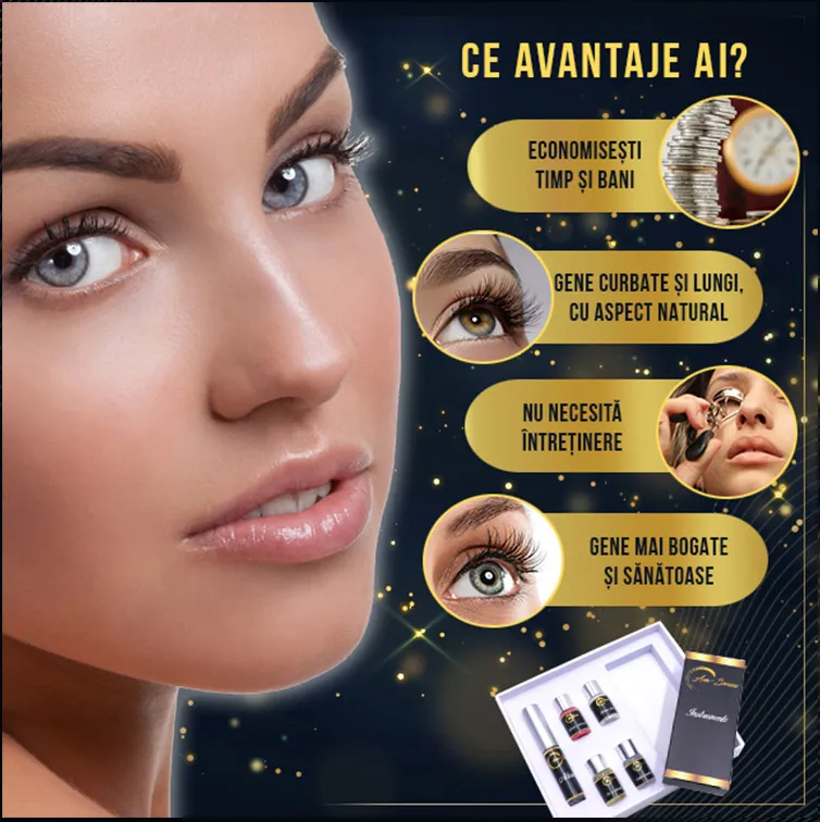 Grafică publicitară pentru tratament cosmetic de laminare gene cu detalii despre avantaje și rezultate.