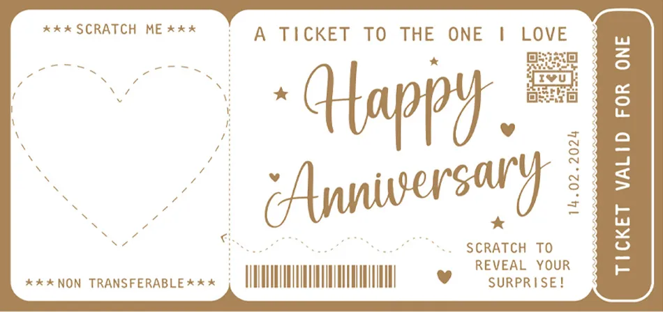 Bilet cadou răzuibil Happy Anniversary în stil tichet de călătorie auriu.