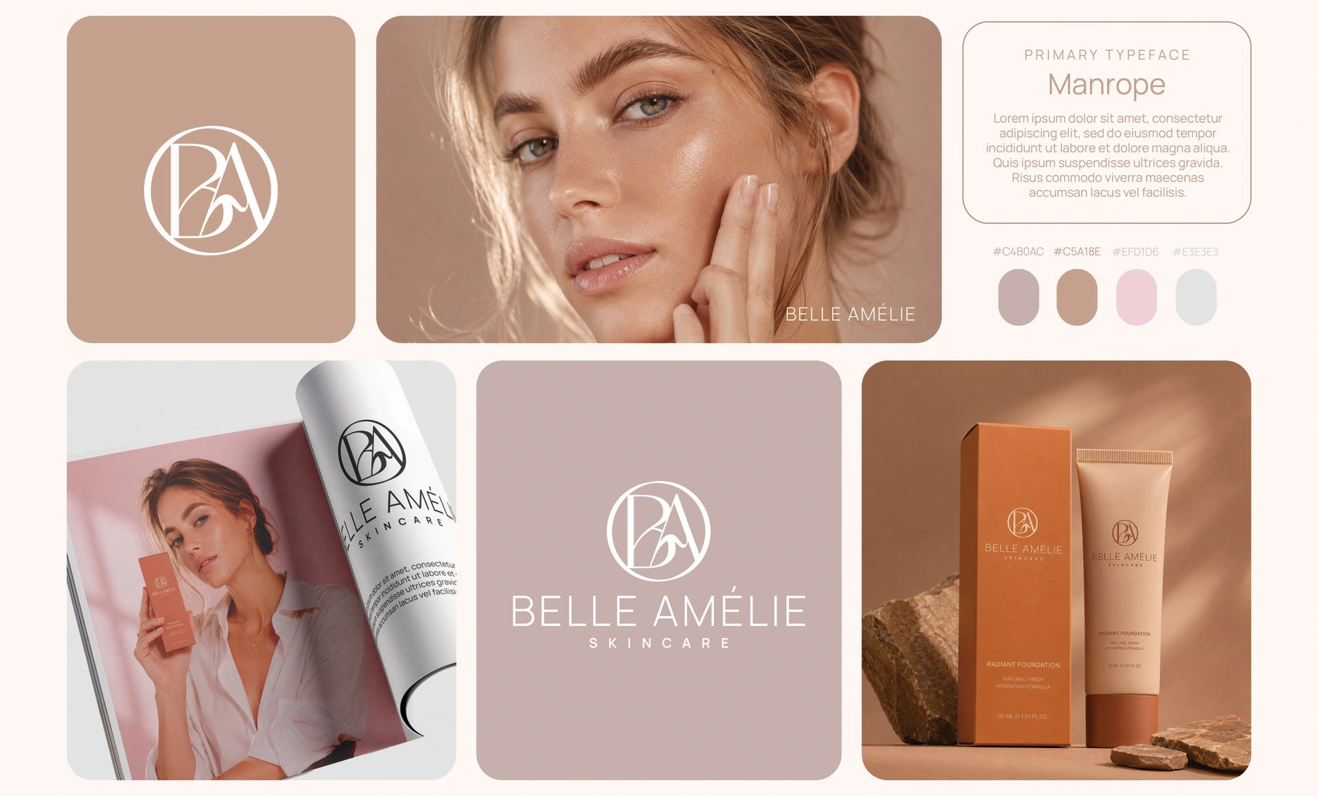 Prezentare portofoliu de branding Belle Amélie Skincare realizat de FloBold, incluzând design de logo, paletă de culori, tipografie și ambalaje de produse cosmetice.