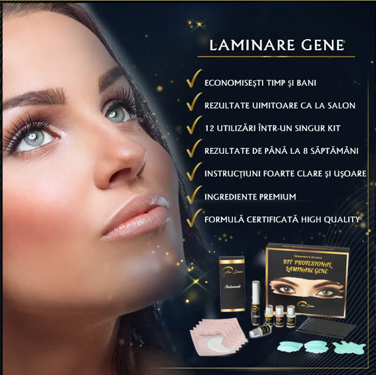 Banner promoțional pentru kit de laminare gene cu beneficii și portret feminin pe fundal cu sclipici.