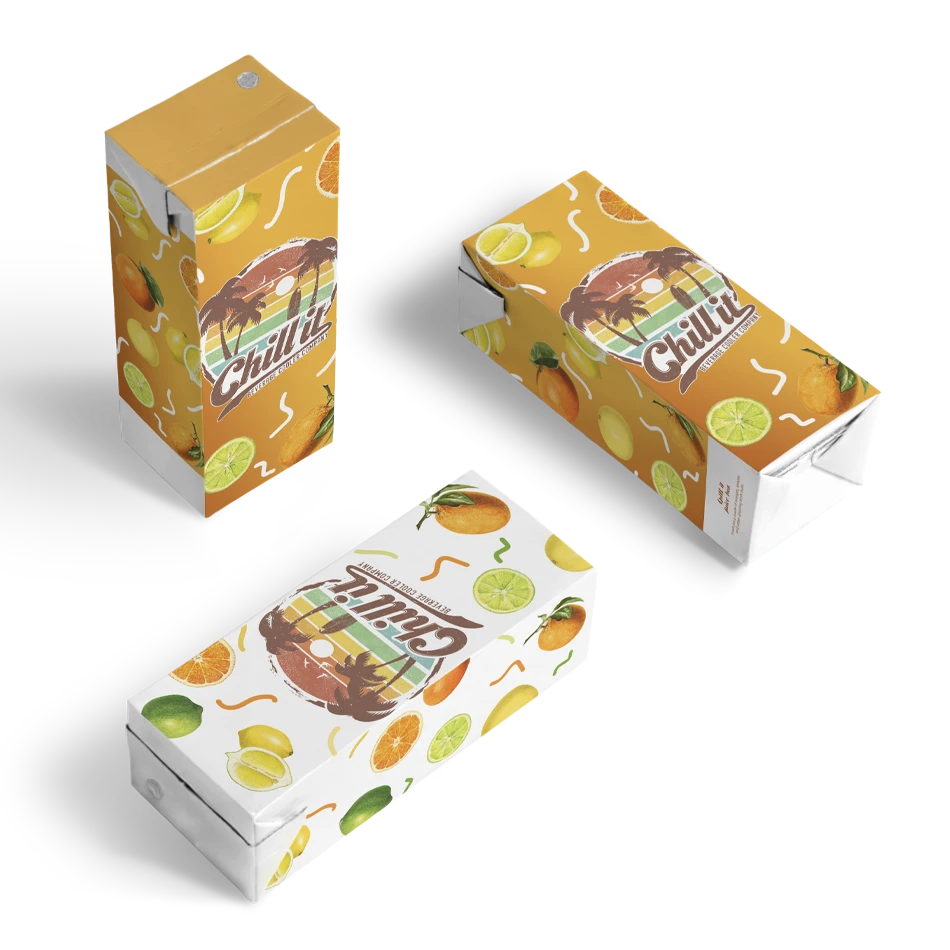 Prezentare cutii dreptunghiulare de carton Chill It din unghiuri diferite.