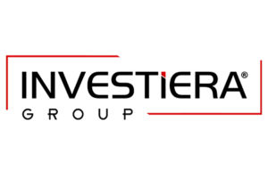 Design de logo modern cu textul INVESTIERA GROUP încadrat în linii roșii și negre, realizat de flobold.