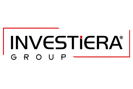 Design de logo modern cu textul INVESTIERA GROUP încadrat în linii roșii și negre, realizat de flobold.