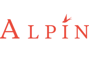 Design de logo elegant cu textul ALPIN scris în nuanțe roșii și o pasăre stilizată, realizat de agenția flobold. Branding agency.