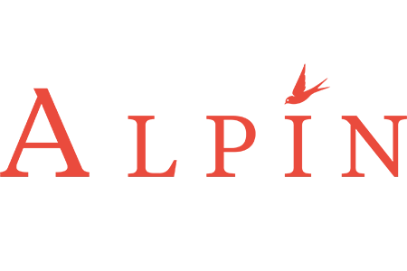 Design de logo elegant cu textul ALPIN scris în nuanțe roșii și o pasăre stilizată, realizat de agenția flobold. Branding agency.