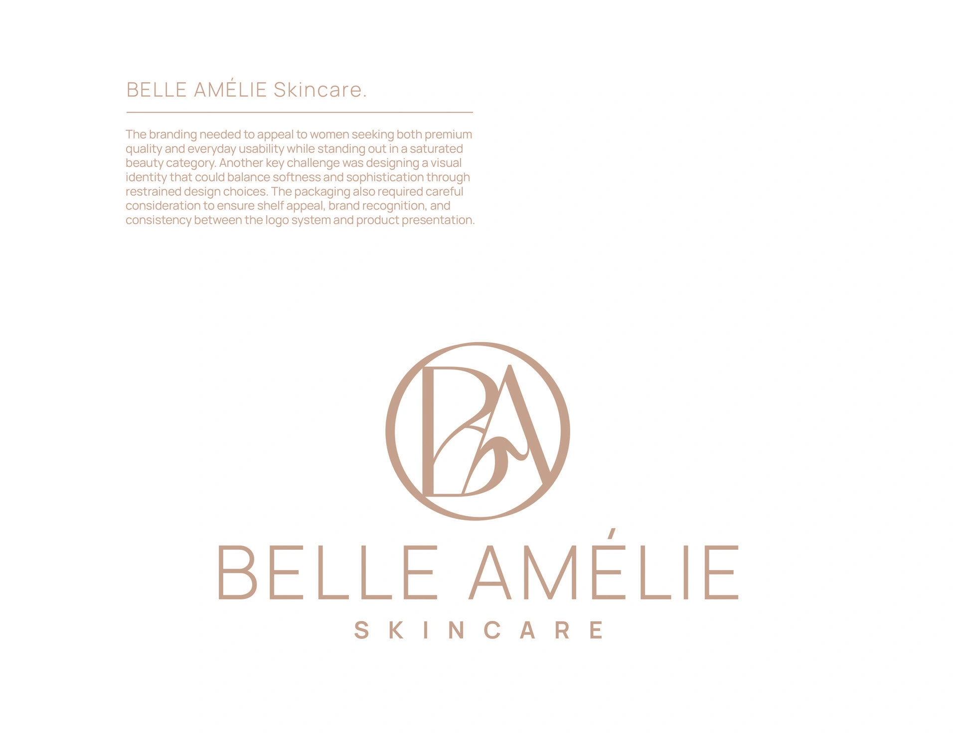 Monogramă circulară rafinată și siglă minimalistă pentru brandul de cosmetice Belle Amélie Skincare, proiectate de agenția FloBold.