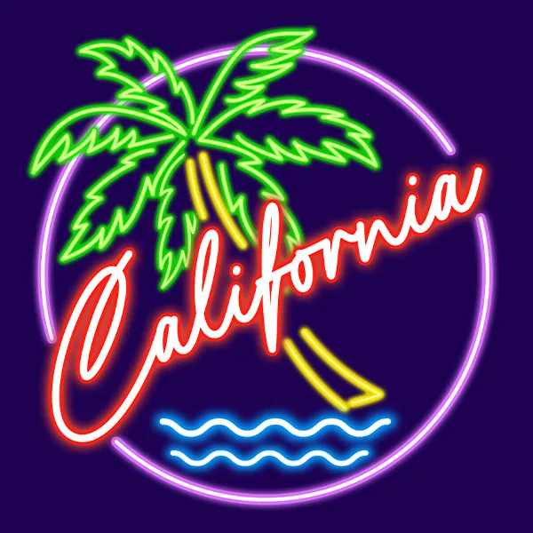 Design logo tip emblemă cu neon retro California realizat de FloBold.