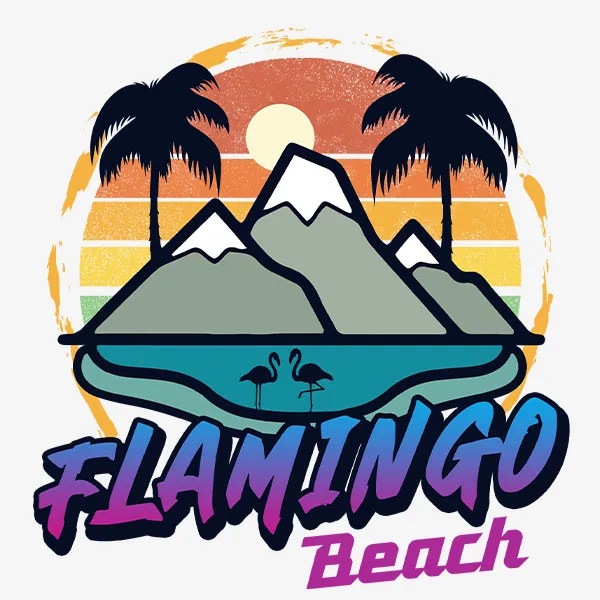 Design logo retro și ilustrație Flamingo Beach în stil vaporwave realizat de FloBold.