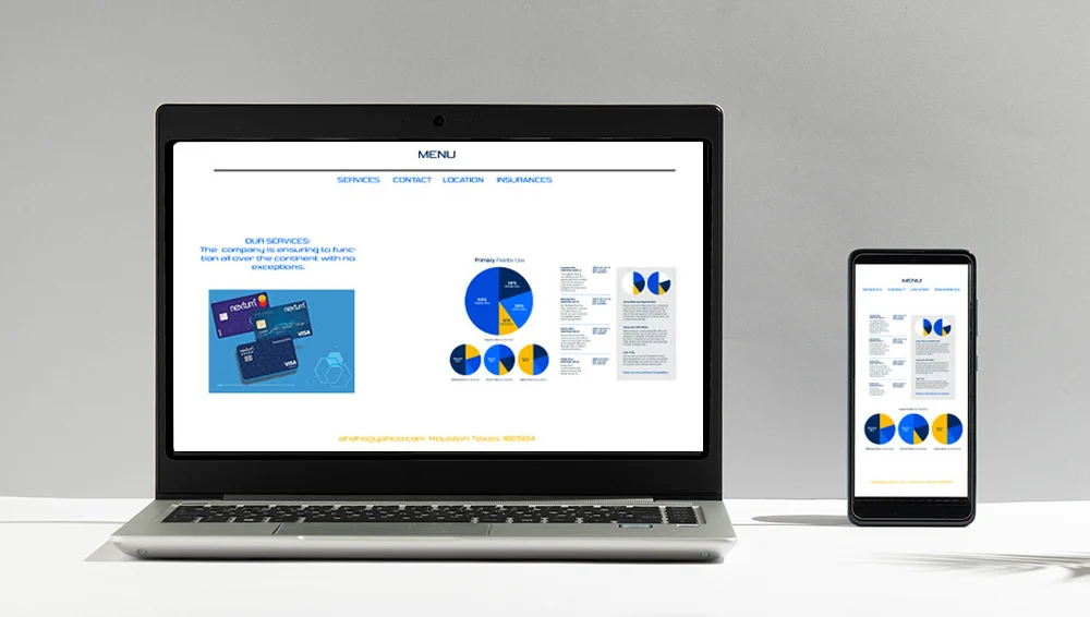 Mockup de laptop și telefon inteligent care prezintă un design curat pentru o platformă web de servicii financiare și analiză de date.
