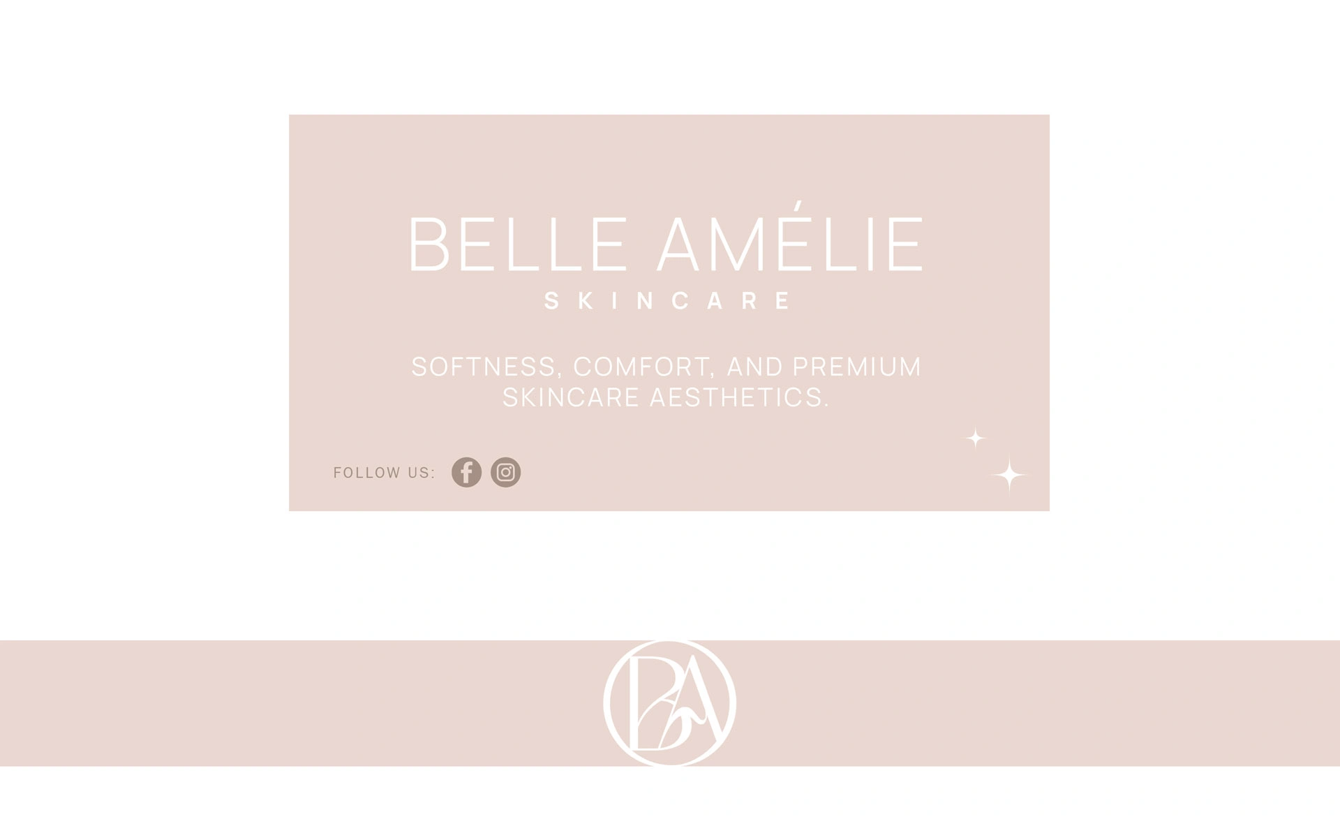 Design pentru card de mulțumire și banner minimalist în nuanțe pastelate cu textul „Softness, comfort, and premium skincare aesthetics” și pictograme social media, realizat de FloBold.