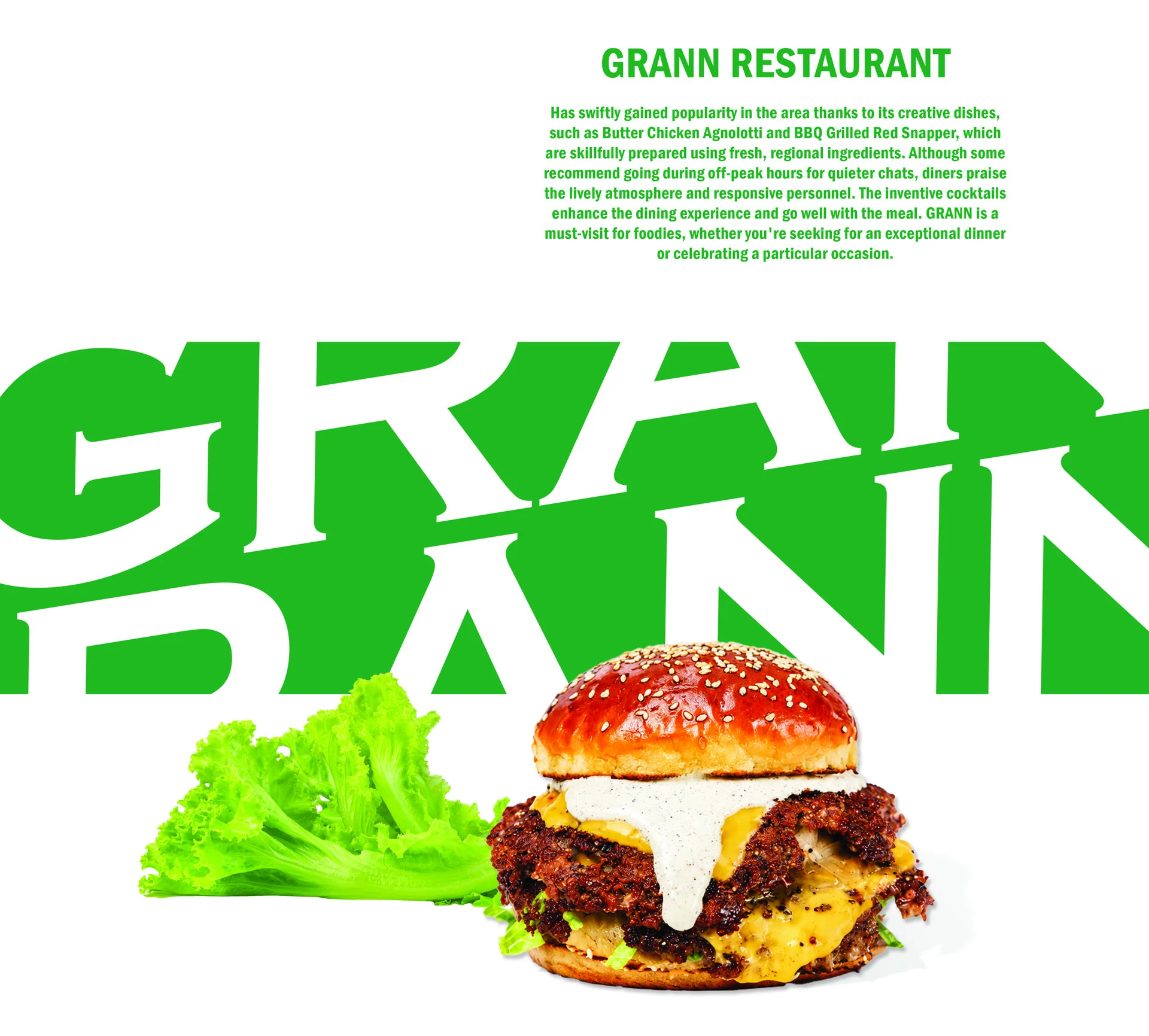 Machetă grafică de meniu sau poster pentru Grann Restaurant, cu text tipografic mare de culoare verde și o fotografie decupată cu un burger cu sos alb și frunze de salată verde, realizată de FloBold.