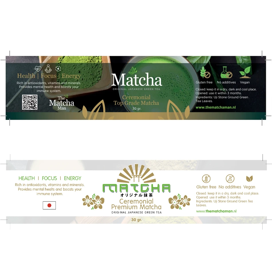 Etichetă digitală orizontală în nuanțe de verde pentru ceai Matcha Premium.matcha