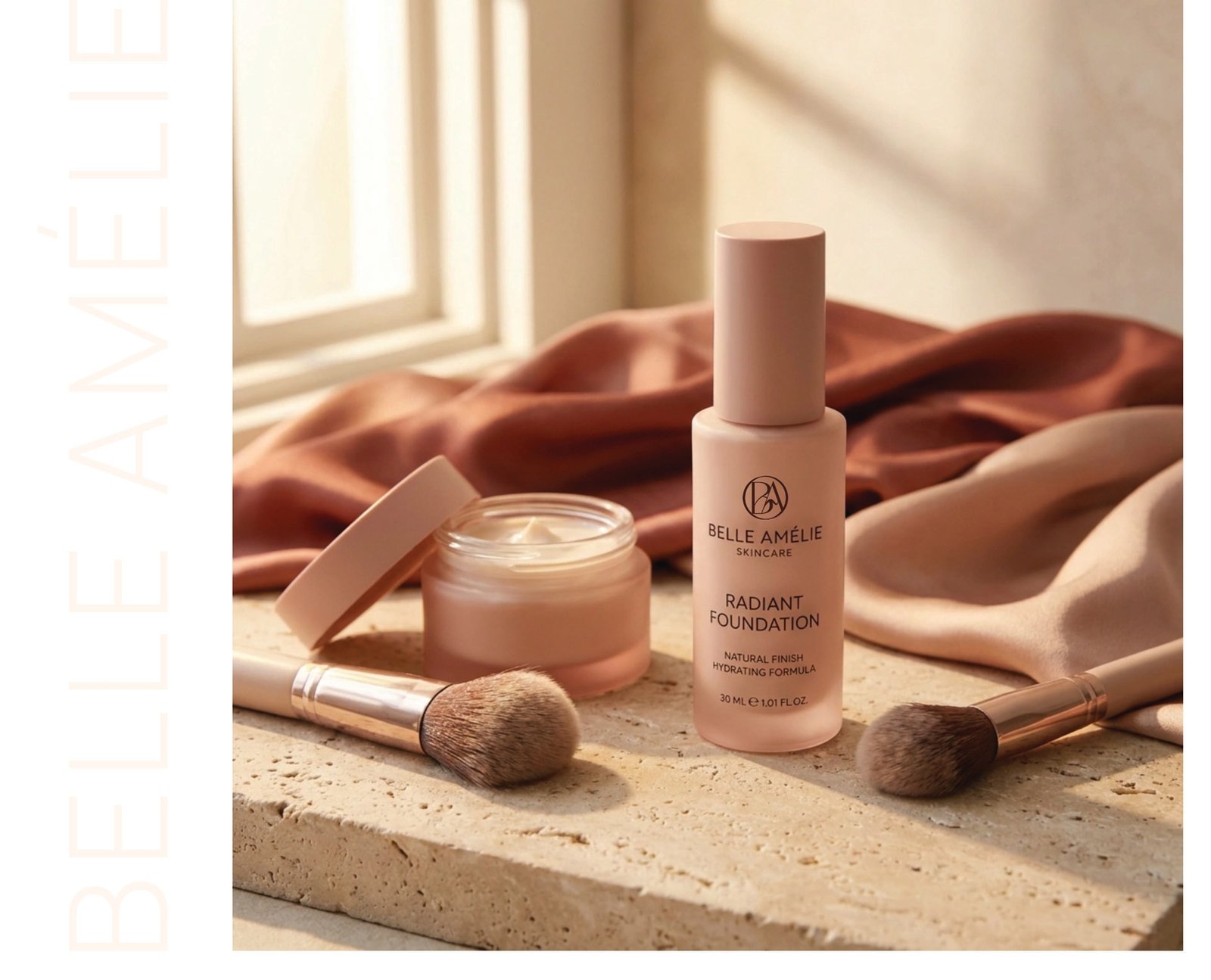Sticlă de fond de ten și recipient pentru cremă hidratantă cu brandingul Belle Amélie Skincare, așezate alături de pensule de machiaj pe o suprafață din piatră, realizate de FloBold.
