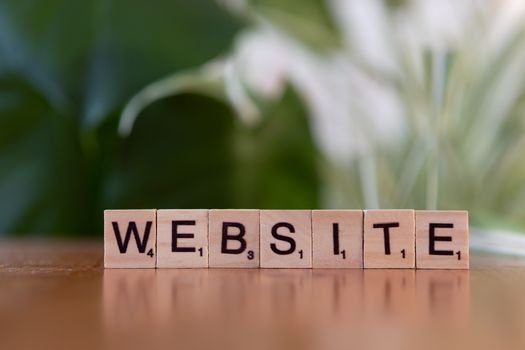Litere de lemn aliniate care formează termenul WEBSITE pe un fundal natural cu plante, sugerând un web design curat. how to create a website