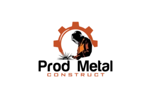 Design de logo industrial realizat de flobold pentru compania Prod Metal Construct, cu simbol grafic de roată dințată și sudor.